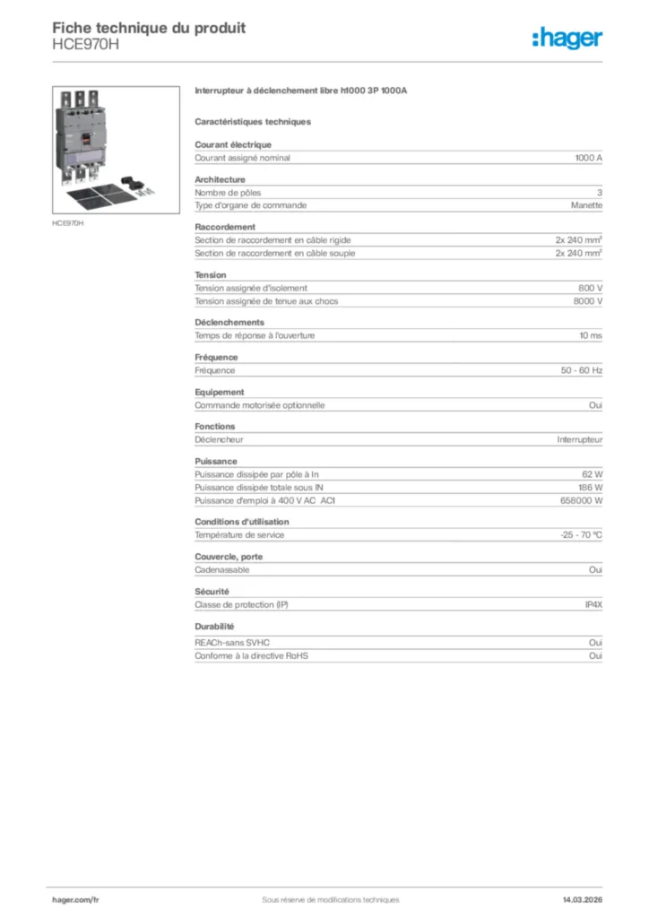 Image Hager Fiche technique du produit HCE970H | Hager France