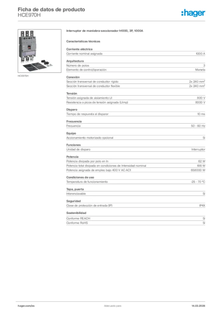 Imagen Hager Ficha de datos de producto HCE970H | Hager España