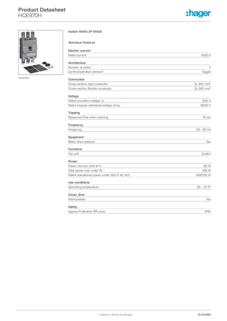 Image Hager Product data sheet HCE970H  | Hager