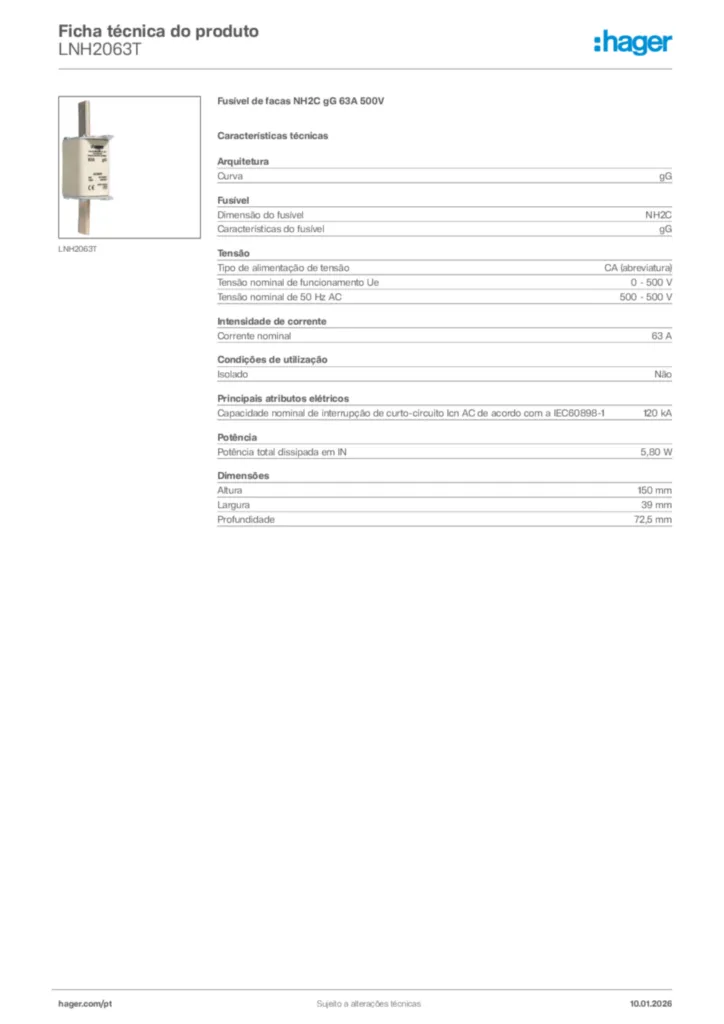 Imagem Hager Ficha técnica do produto LNH2063T | Hager Portugal
