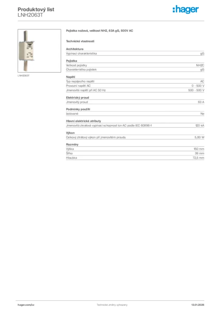Obrázek Hager Product data sheet LNH2063T | Hager