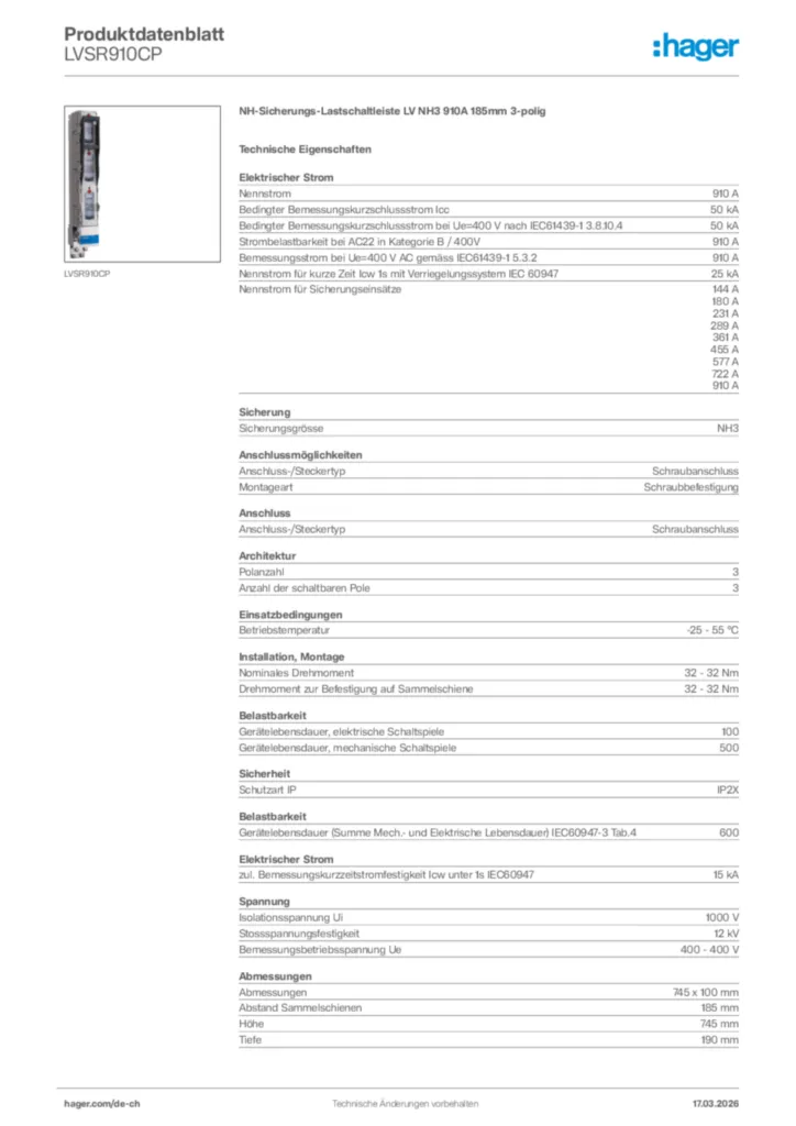 Bild Hager Produktdatenblatt LVSR910CP | Hager Schweiz