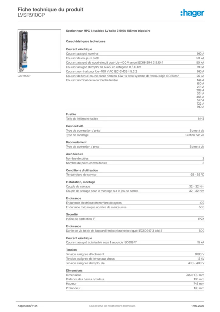 Image Hager Fiche technique du produit LVSR910CP | Hager Suisse