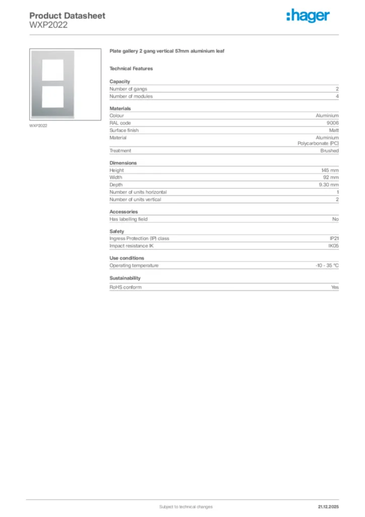 Image Hager Product data sheet WXP2022  | Hager Africa