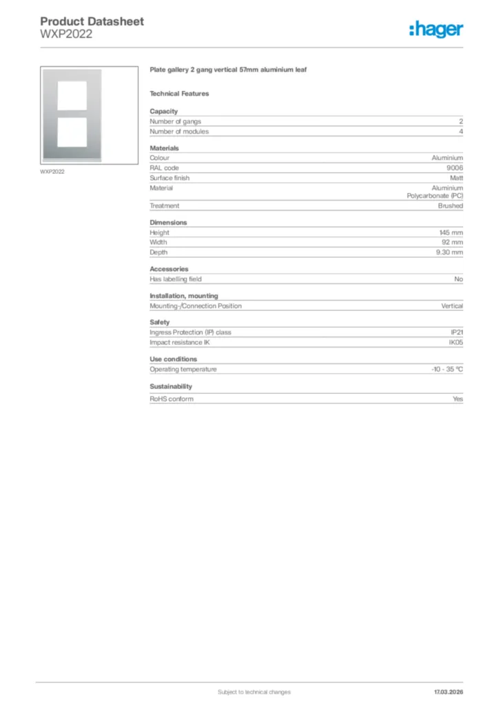 Image Hager Product data sheet WXP2022  | Hager Africa