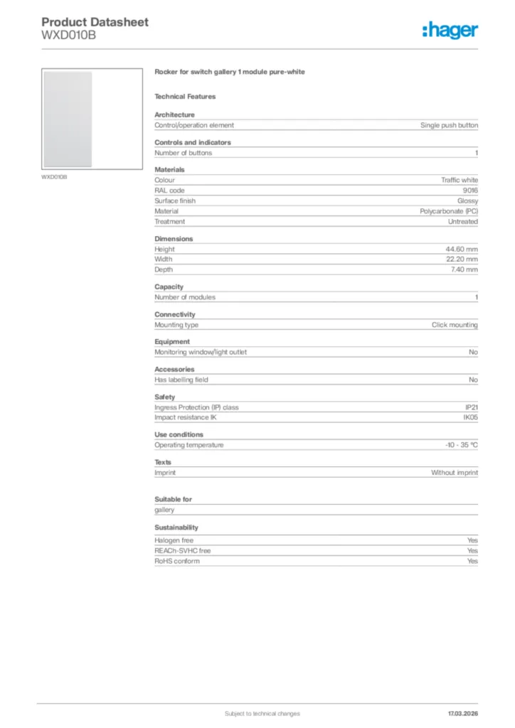 Image Hager Product data sheet WXD010B  | Hager Africa