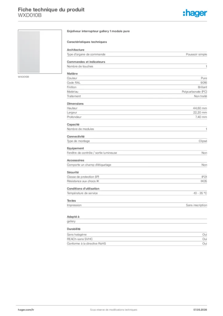 Image Hager Fiche technique du produit WXD010B | Hager France