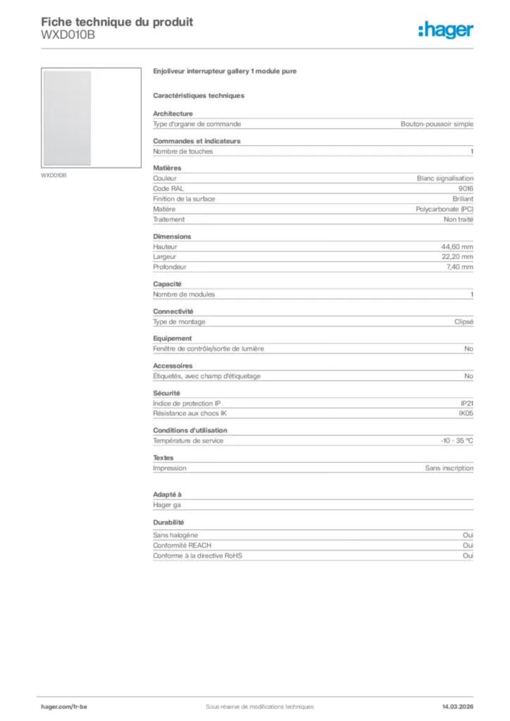 Image Hager Fiche technique du produit WXD010B | Hager Belgique