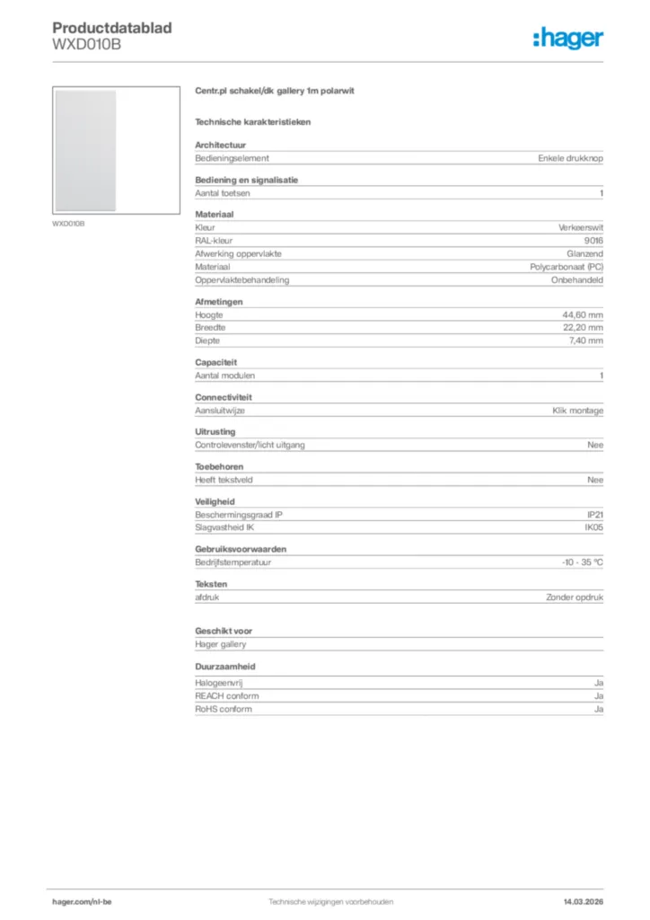 Afbeelding Hager Productdatablad WXD010B | Hager Belgium