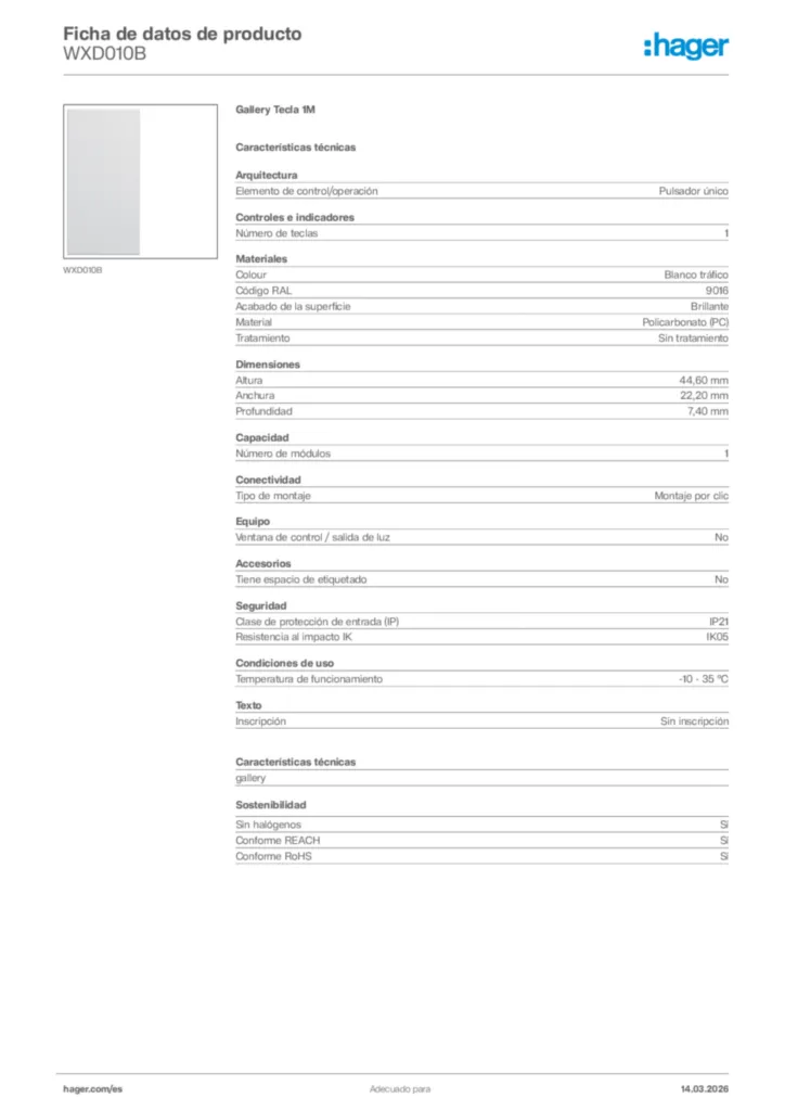 Imagen Hager Ficha de datos de producto WXD010B | Hager España