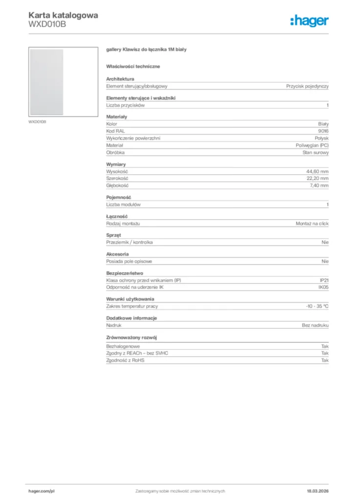Zdjęcie Hager Karta katalogowa WXD010B | Hager Polska