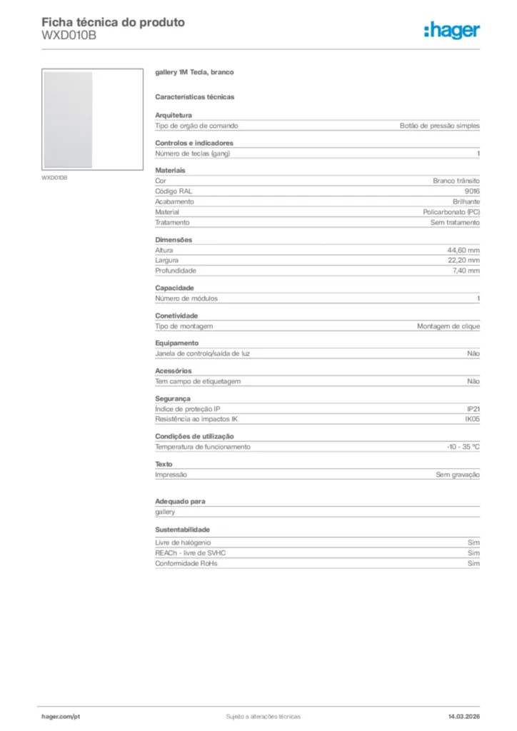 Imagem Hager Ficha técnica do produto WXD010B | Hager Portugal