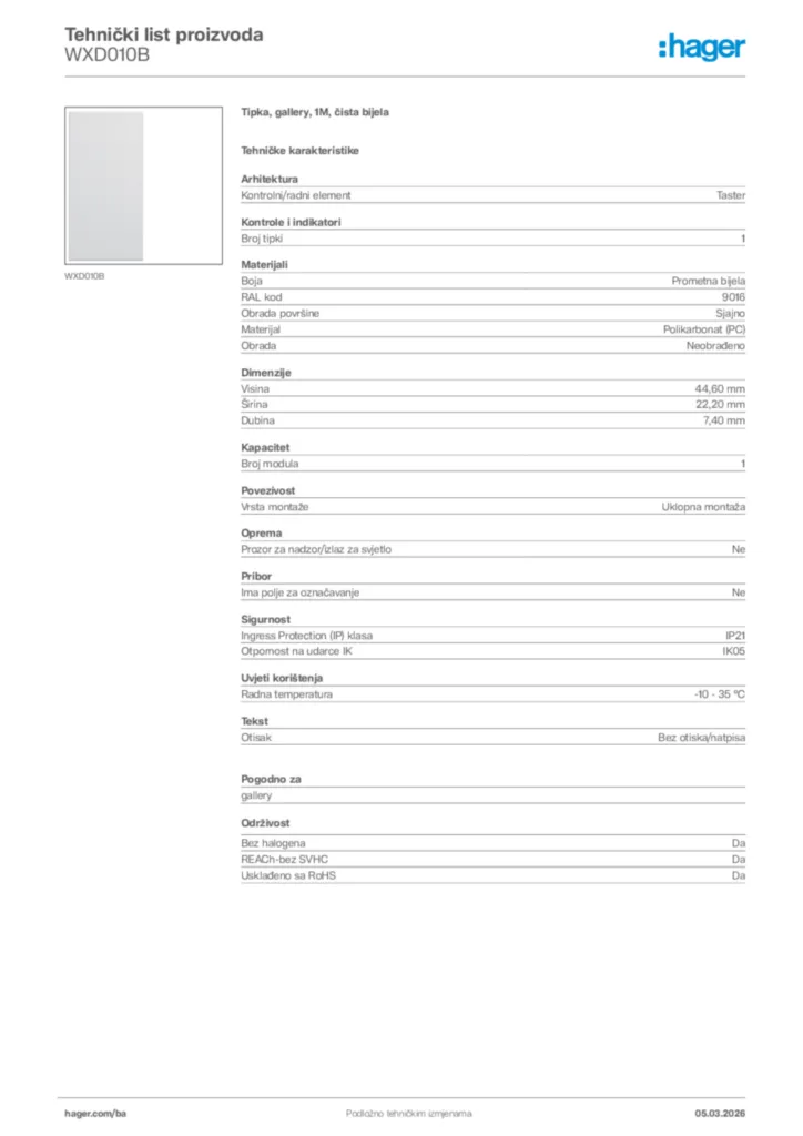 Slika Hager Tehnički list proizvoda WXD010B  | Hager