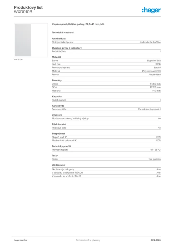 Obrázek Hager Produktový list WXD010B | Hager
