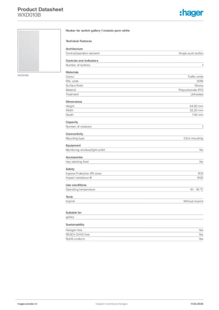 Image Hager Product data sheet WXD010B  | Hager