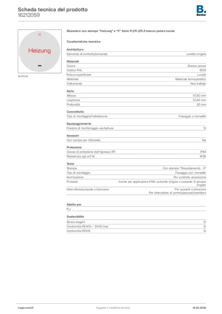 Immagine Berker Scheda tecnica del prodotto 16212059 | Hager Italia