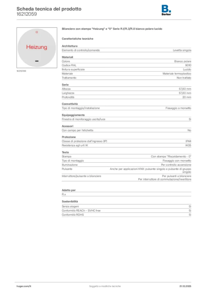 Immagine Berker Scheda tecnica del prodotto 16212059 | Hager Italia