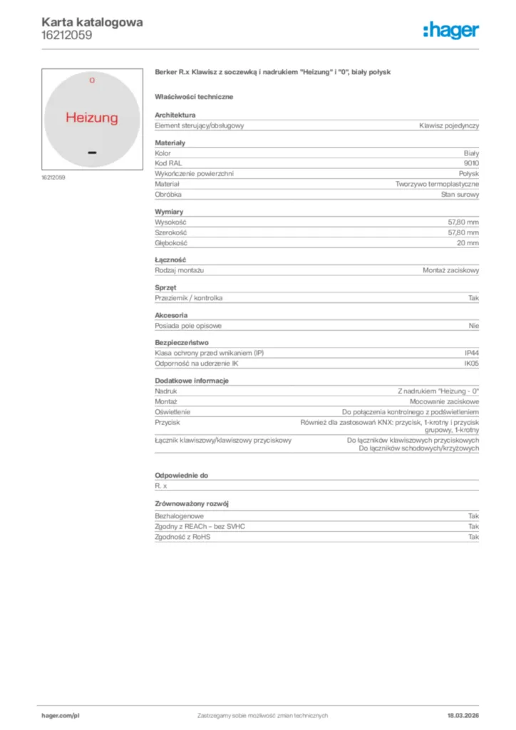 Zdjęcie Hager Karta katalogowa 16212059 | Hager Polska
