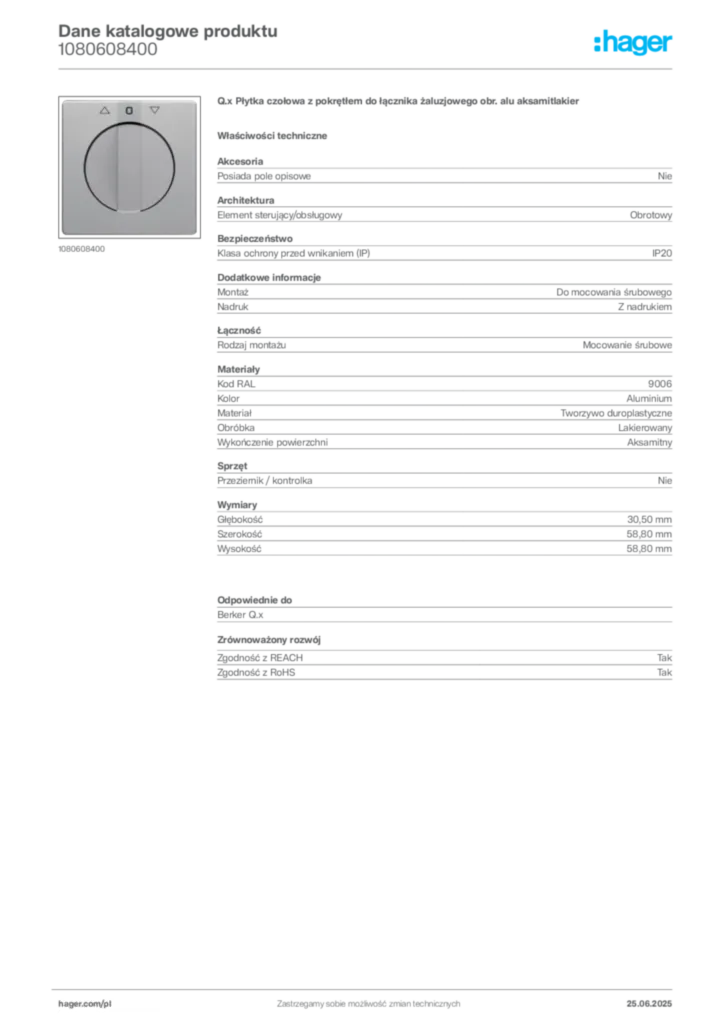 Zdjęcie Hager Dane katalogowe produktu 1080608400 | Hager Polska