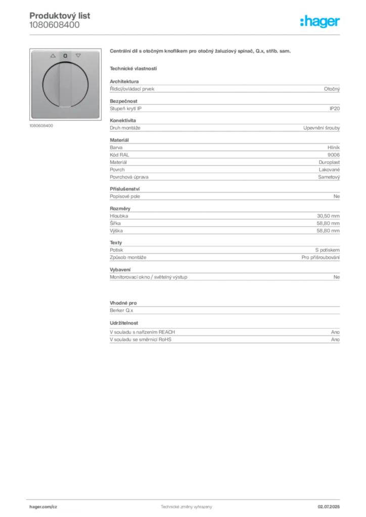 Obrázek Hager Produktový list 1080608400 | Hager