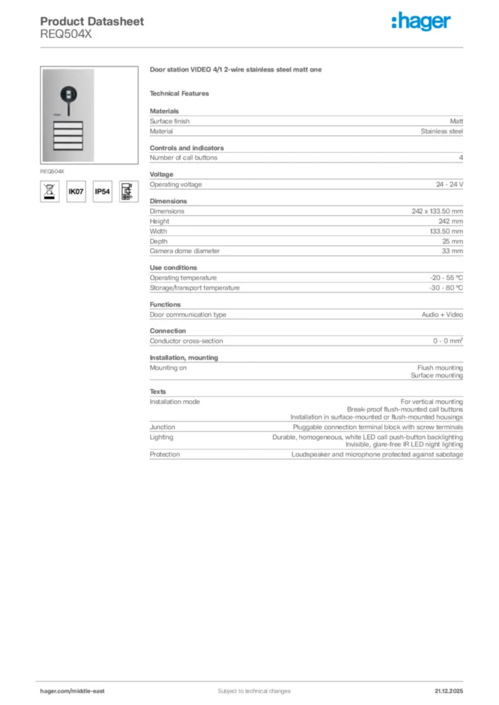 Image Hager Product data sheet REQ504X  | Hager