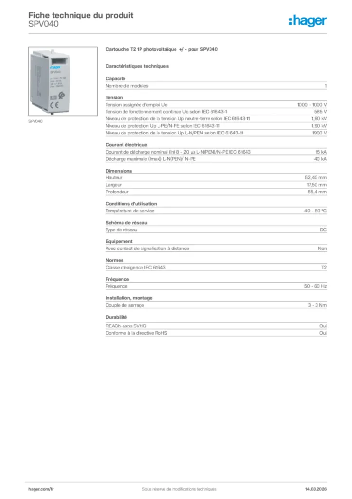 Image Hager Fiche technique du produit SPV040 | Hager France