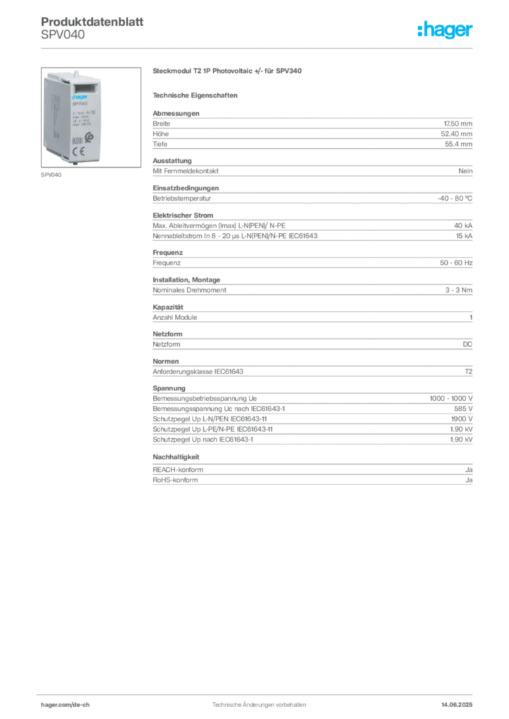 Bild Hager Produktdatenblatt SPV040 | Hager Schweiz