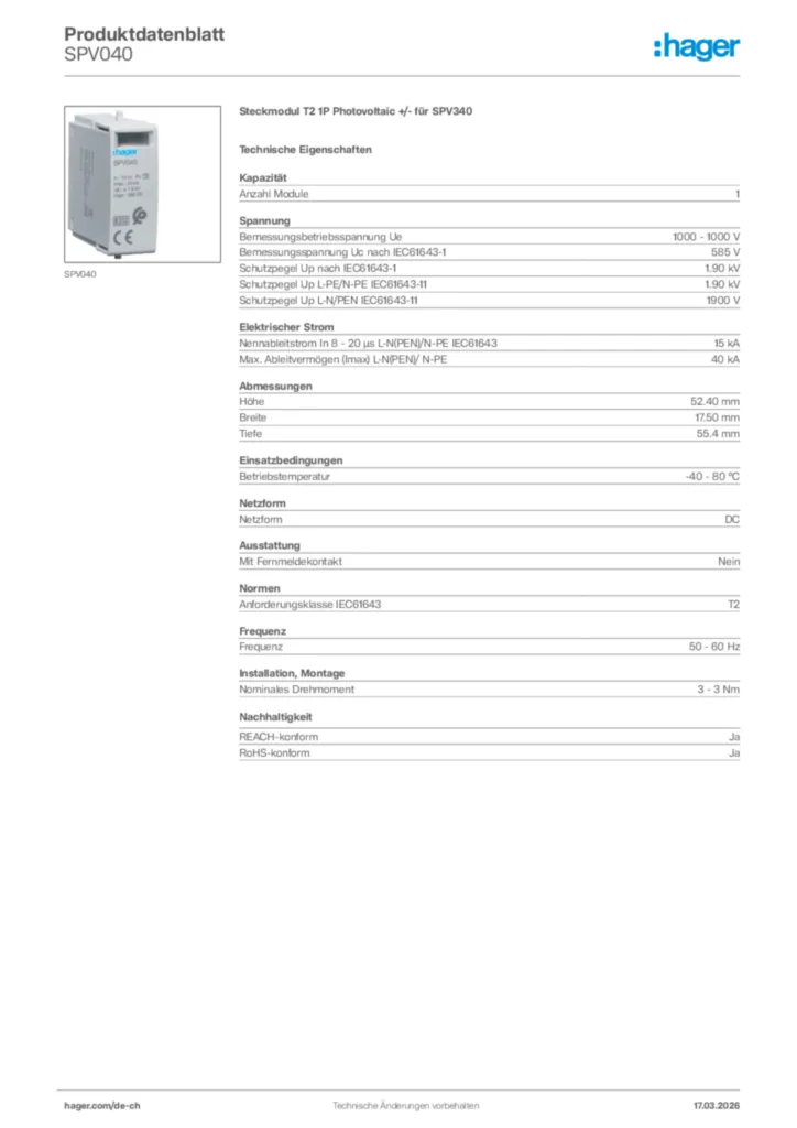 Bild Hager Produktdatenblatt SPV040 | Hager Schweiz