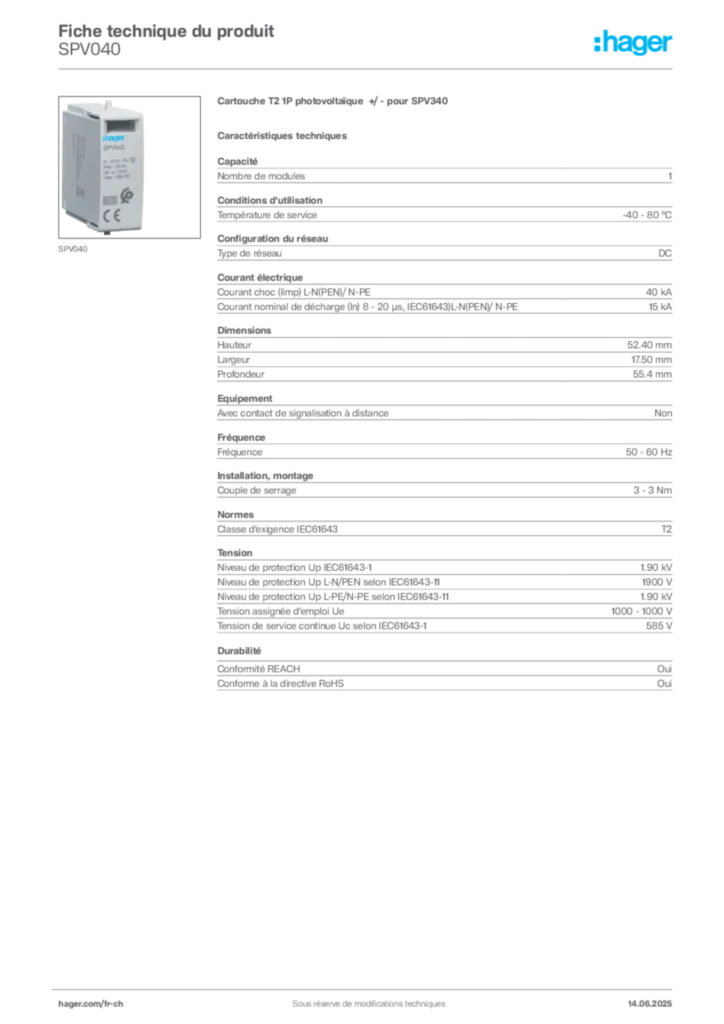 Image Hager Fiche technique du produit SPV040 | Hager Suisse