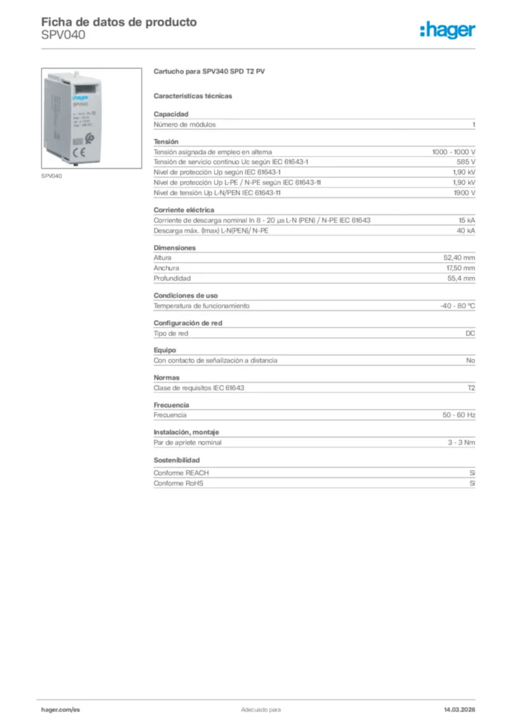 Imagen Hager Ficha de datos de producto SPV040 | Hager España