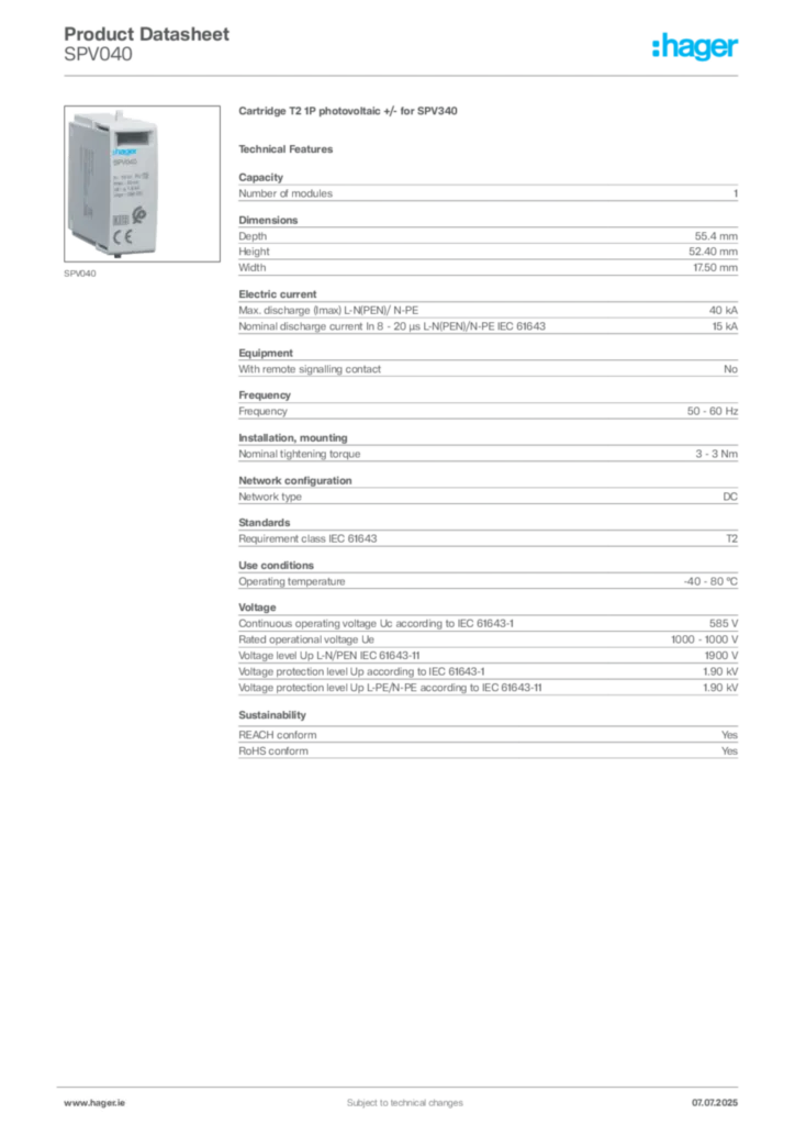 Image Hager Product data sheet SPV040  | Hager