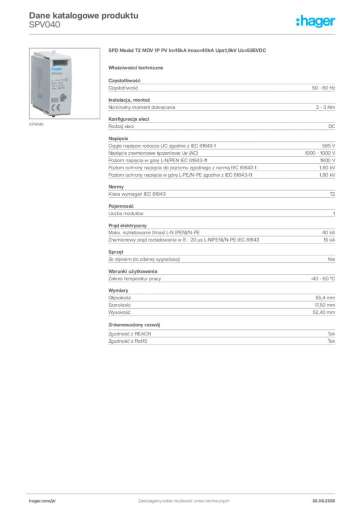 Zdjęcie Hager Dane katalogowe produktu SPV040 | Hager Polska
