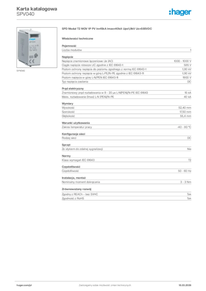 Zdjęcie Hager Karta katalogowa SPV040 | Hager Polska