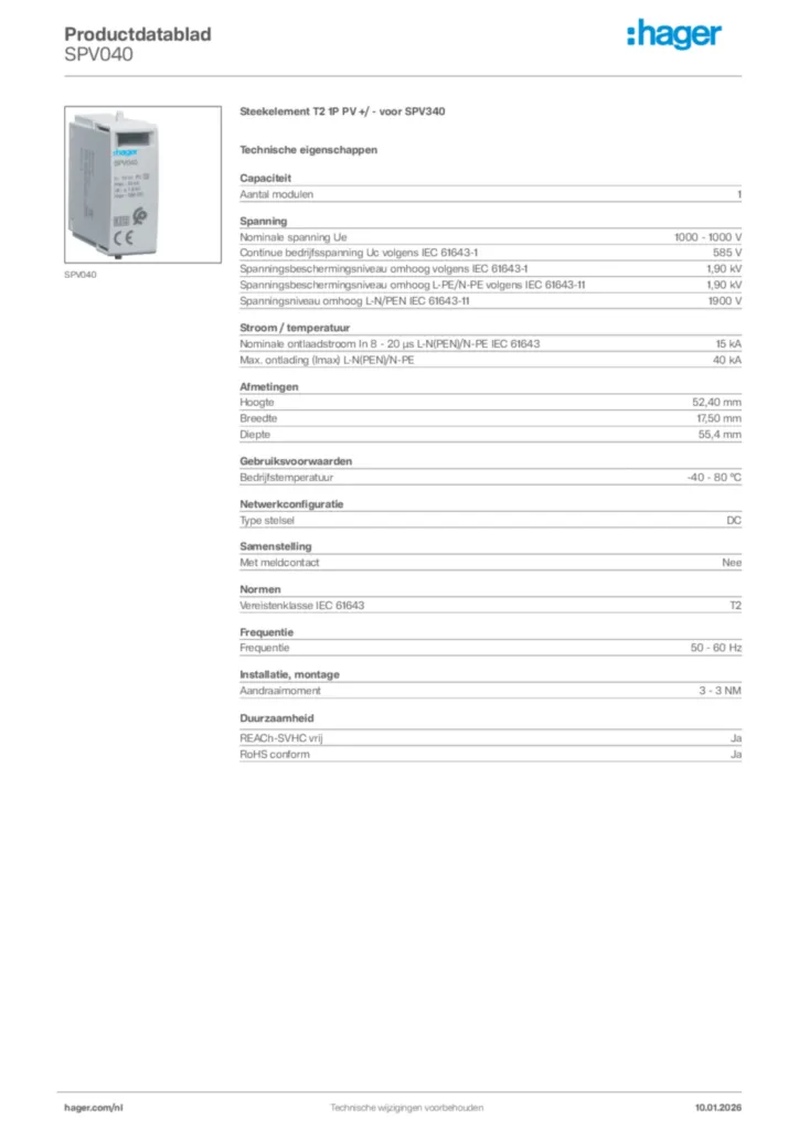 Afbeelding Hager Productdatablad SPV040 | Hager Nederland