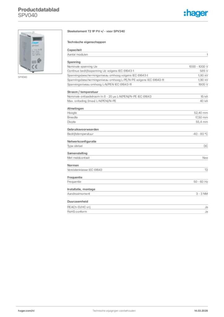 Afbeelding Hager Productdatablad SPV040 | Hager Nederland