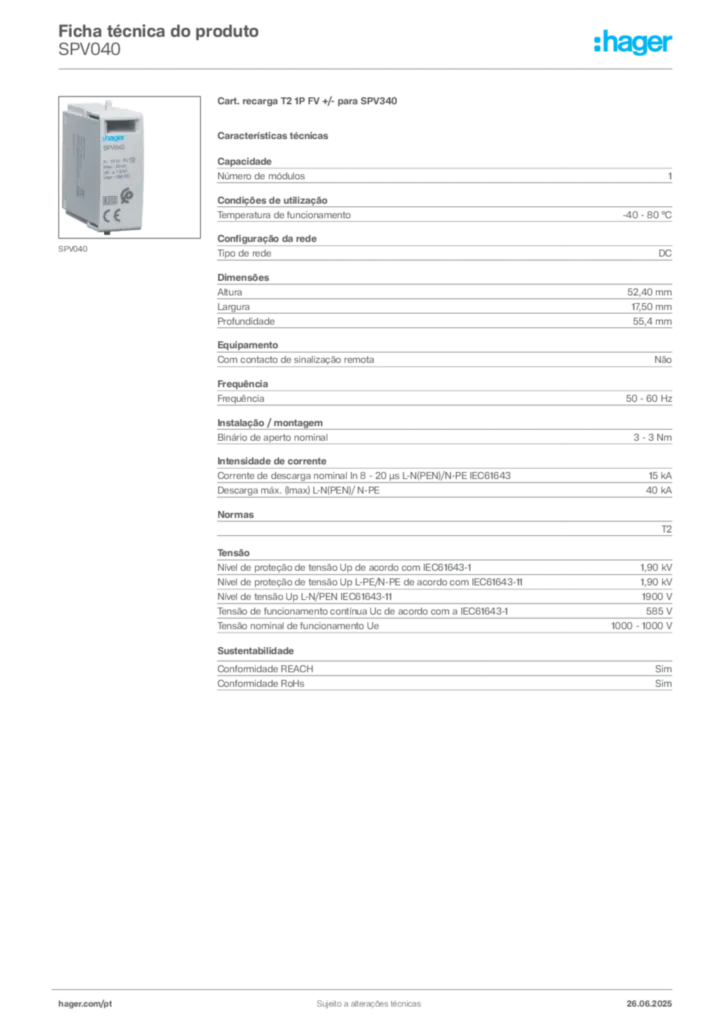 Imagem Hager Ficha técnica do produto SPV040 | Hager Portugal