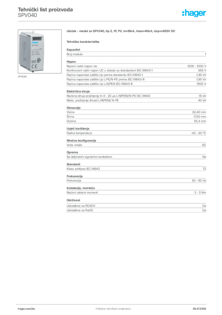 Slika Hager Product data sheet SPV040  | Hager