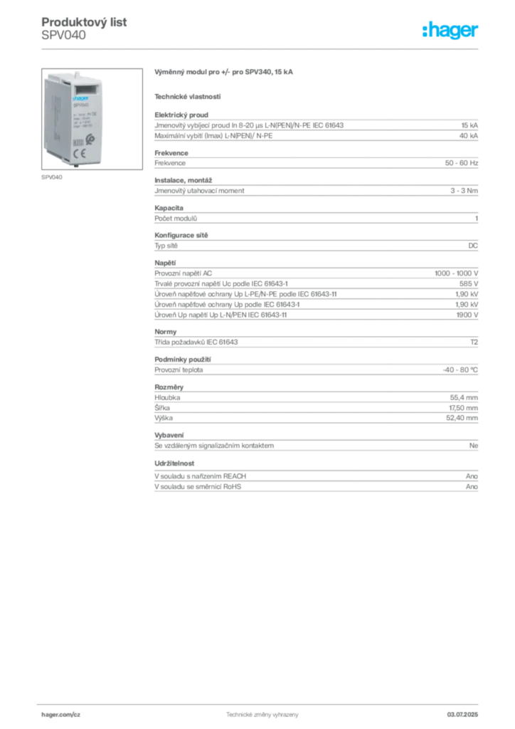 Obrázek Hager Produktový list SPV040 | Hager