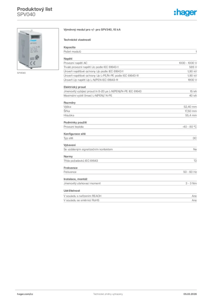Obrázek Hager Product data sheet SPV040 | Hager