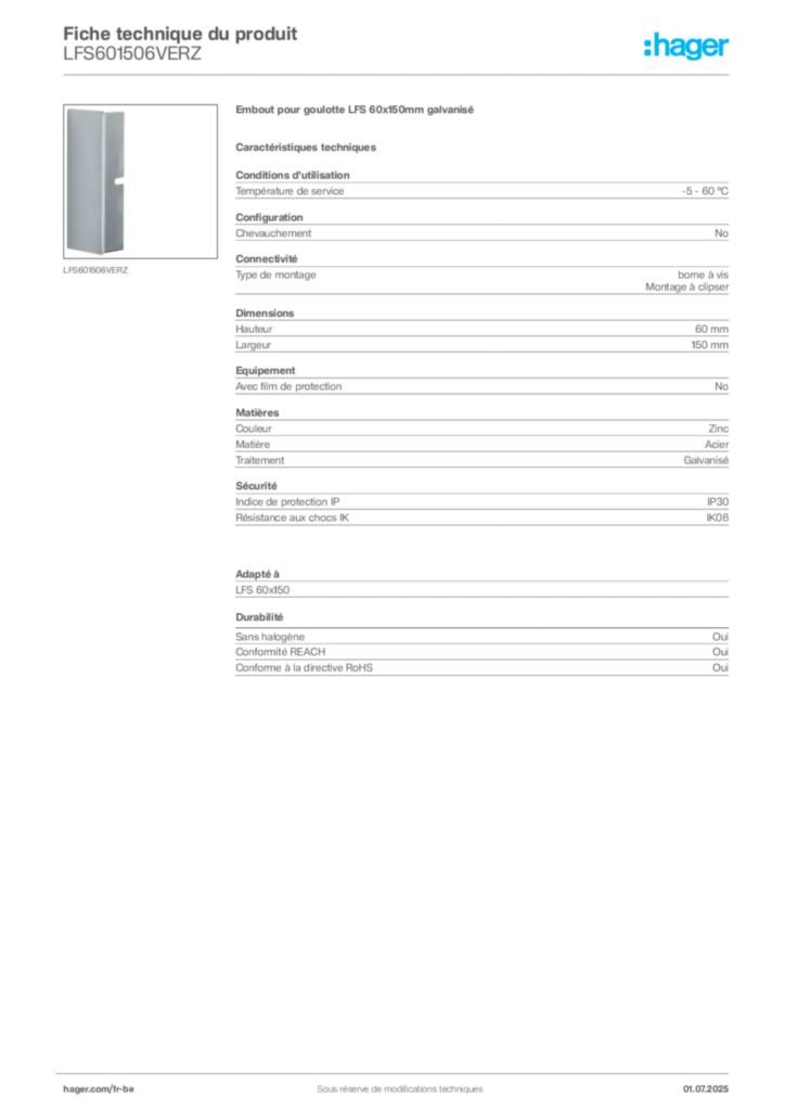 Image Hager Fiche technique du produit LFS601506VERZ | Hager Belgique