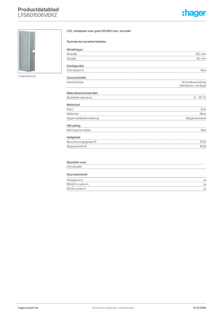 Afbeelding Hager Productdatablad LFS601506VERZ | Hager Belgium