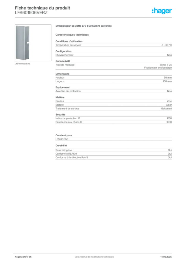 Image Hager Fiche technique du produit LFS601506VERZ | Hager Suisse