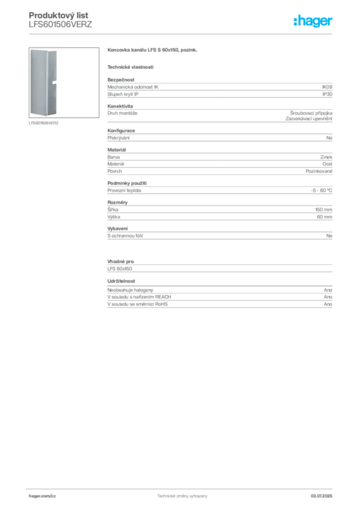 Obrázek Hager Produktový list LFS601506VERZ | Hager