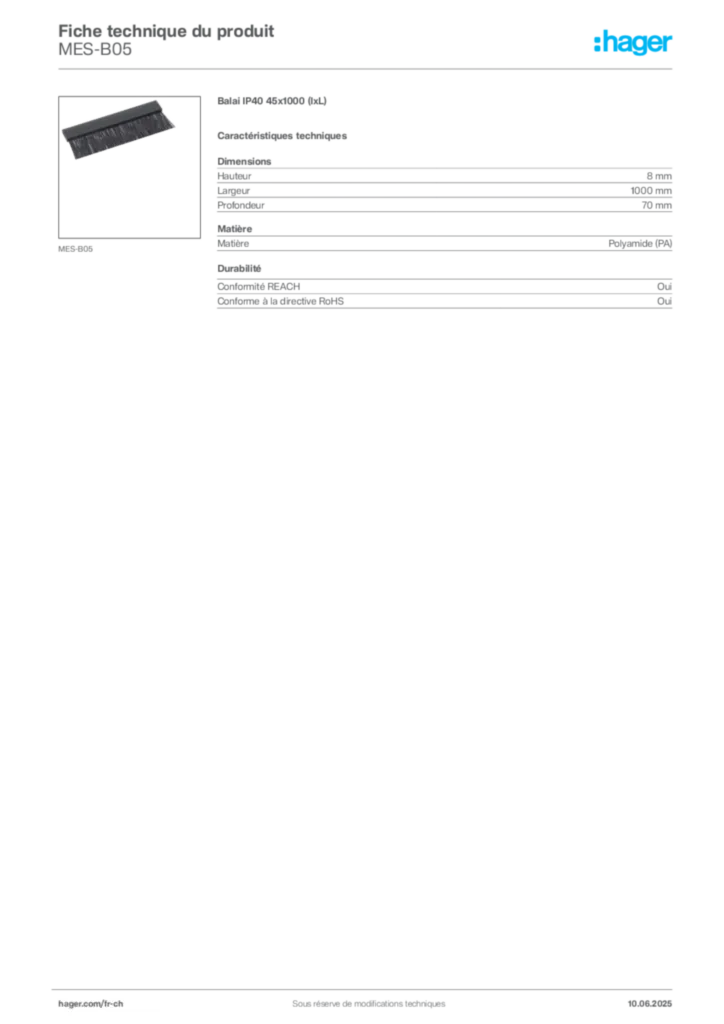 Image Hager Fiche technique du produit MES-B05 | Hager Suisse