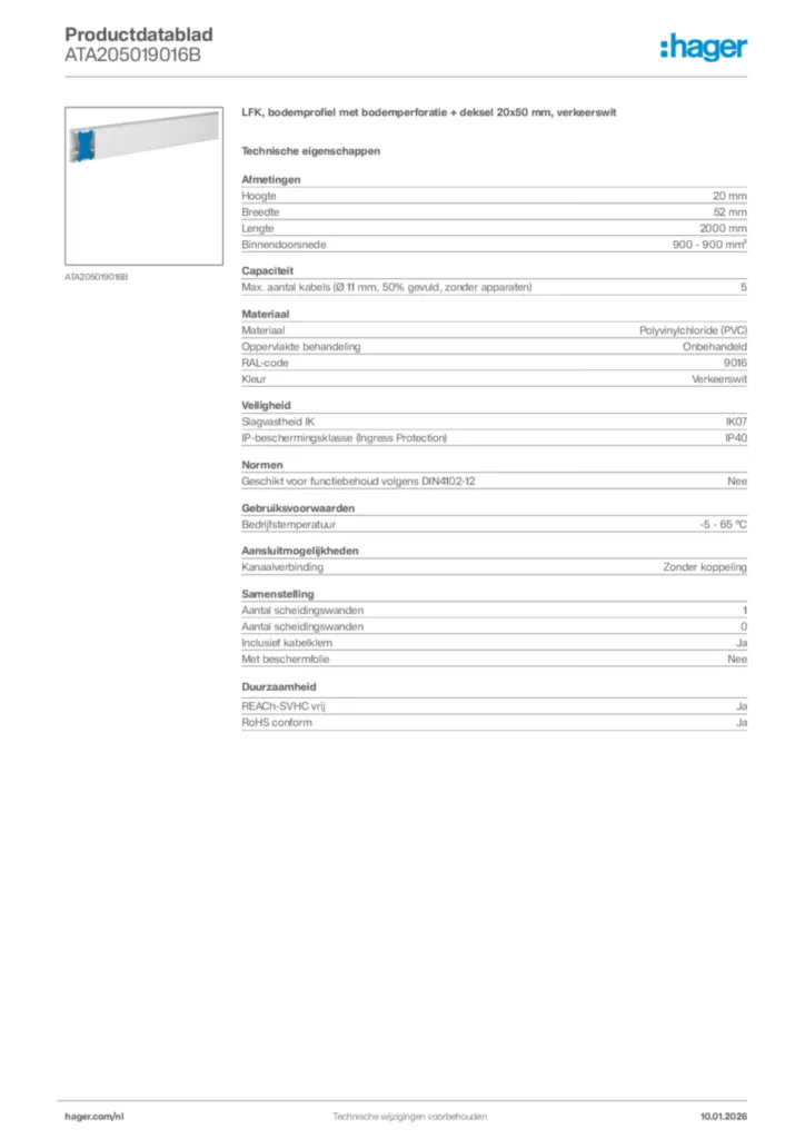 Afbeelding Hager Productdatablad ATA205019016B | Hager Nederland