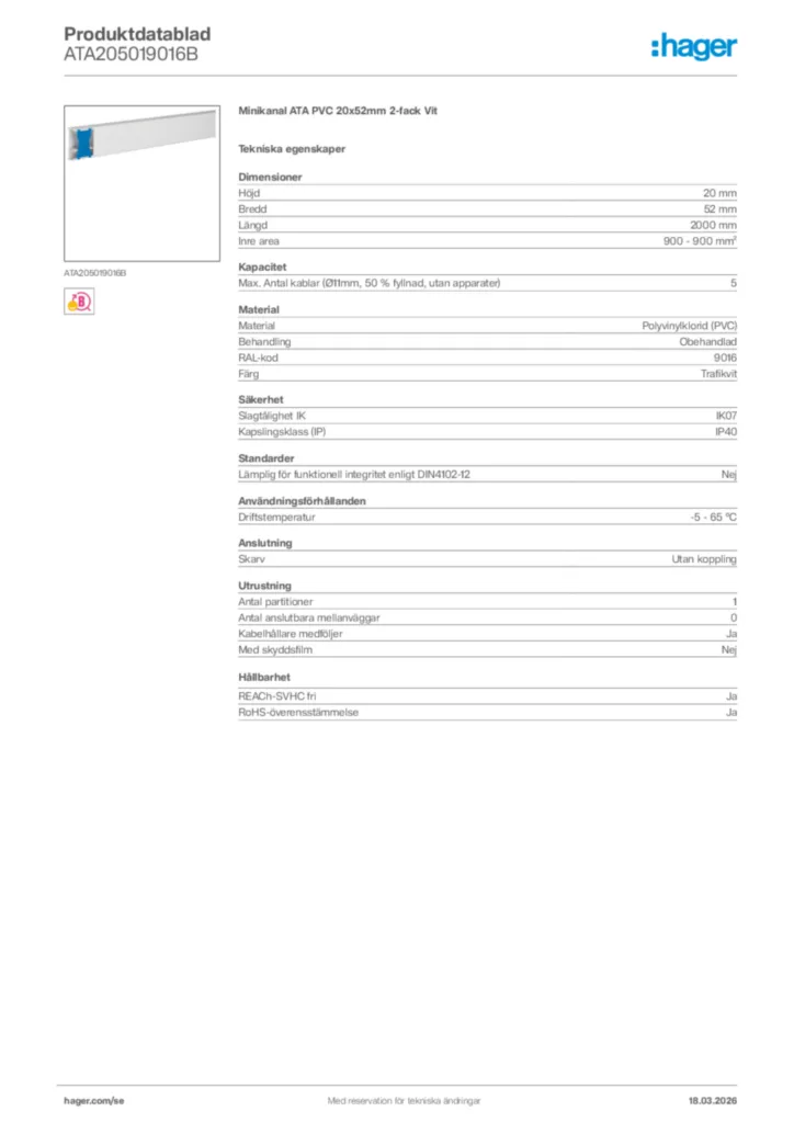 Bild Hager Produktdatablad ATA205019016B | Hager Sverige