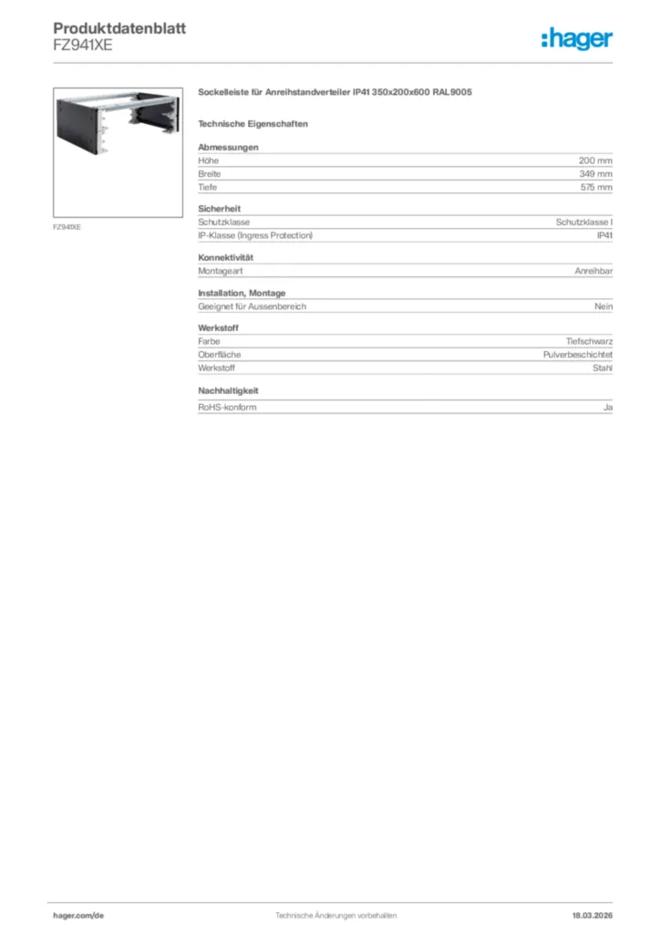 Bild Hager Produktdatenblatt FZ941XE | Hager Deutschland