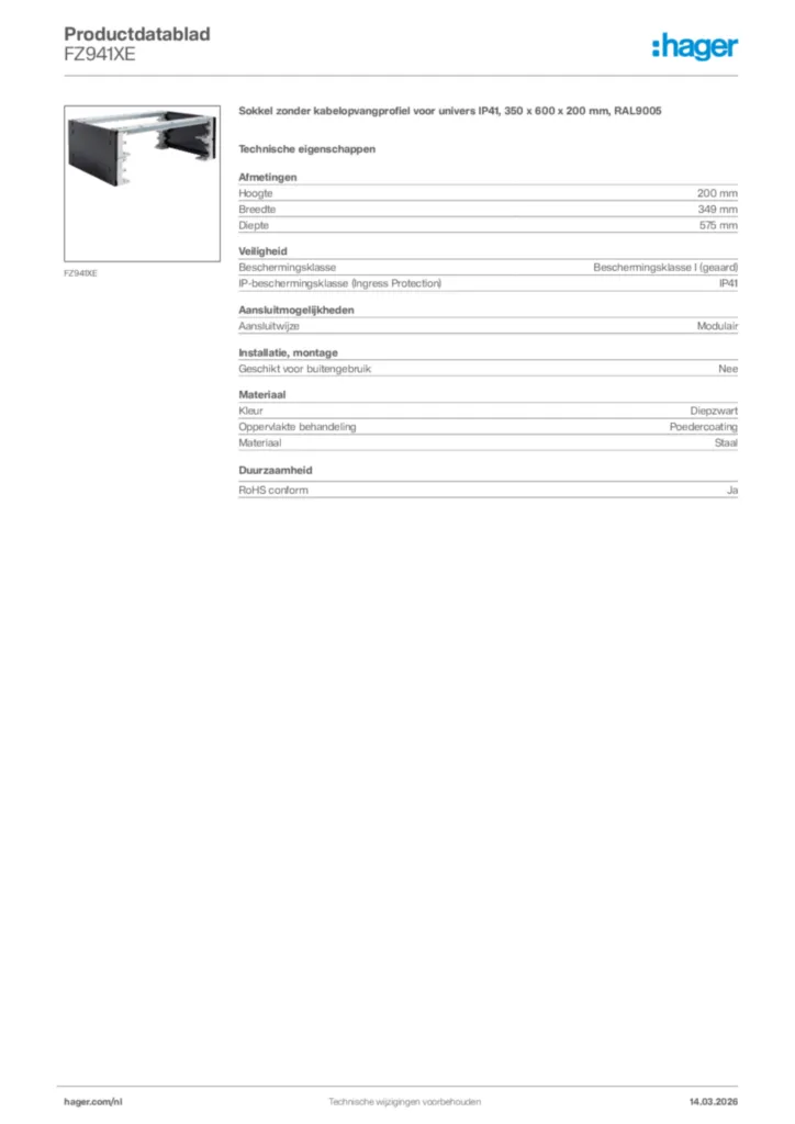 Afbeelding Hager Productdatablad FZ941XE | Hager Nederland