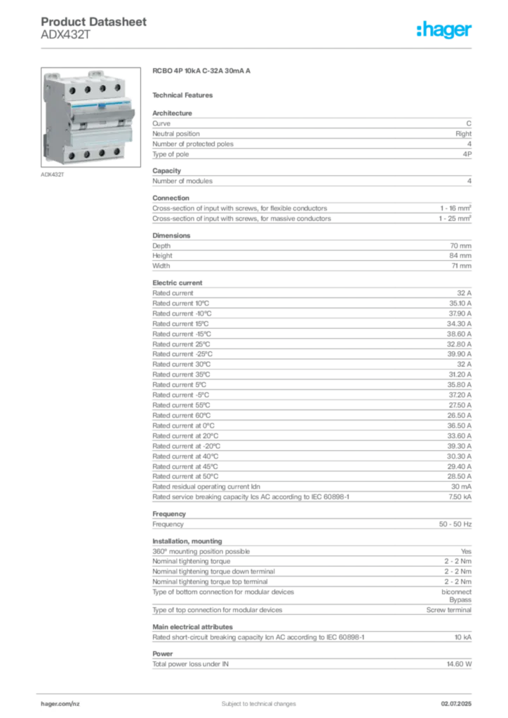 Image Hager Product data sheet ADX432T  | Hager New Zealand