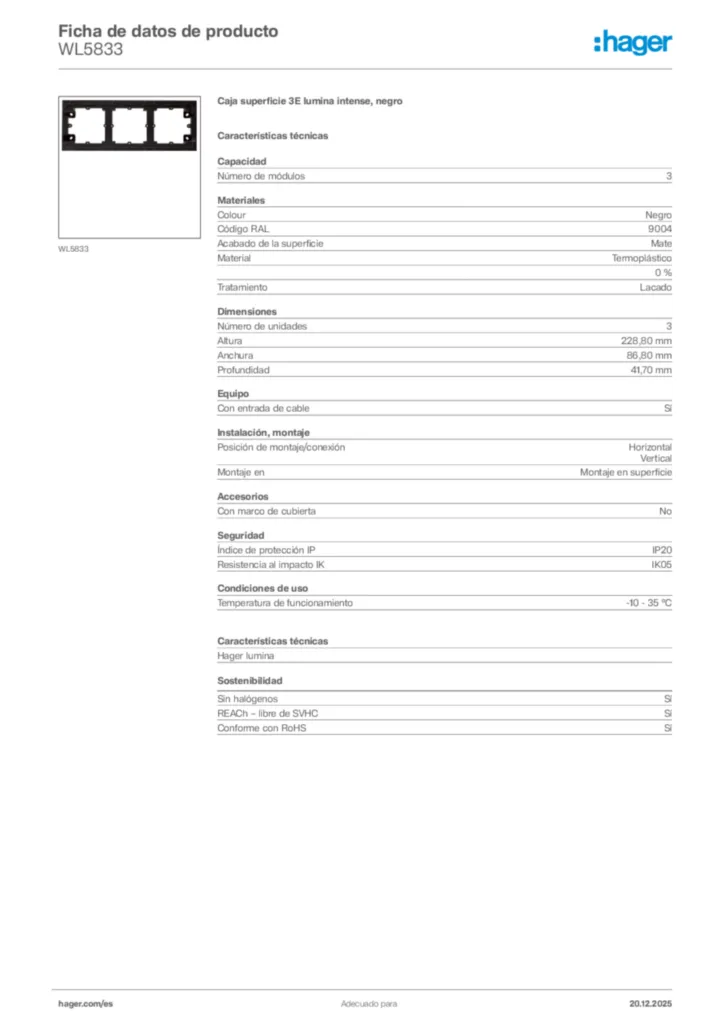Imagen Hager Ficha de datos de producto WL5833 | Hager España